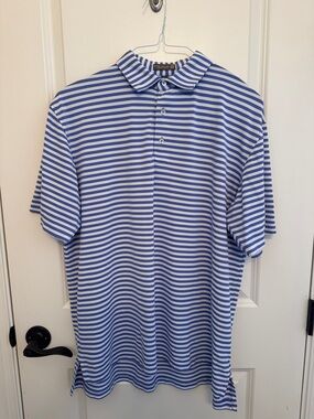 Peter Millar White and Blue Striped Performance Polo
